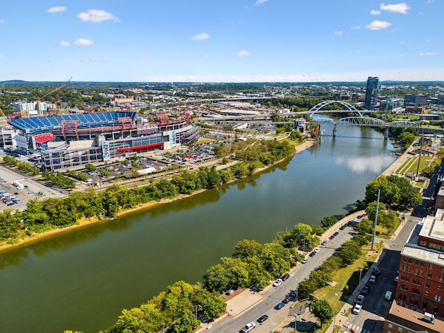 drone / aerial view featuring a water view