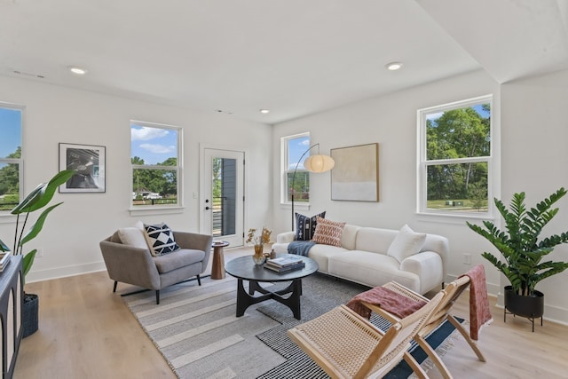 living room featuring light hardwood / wood-style flooring and a healthy amount of sunlight