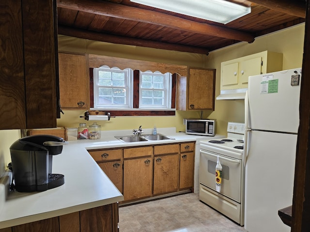 kitchen featuring beamed ceiling, wood ceiling, white appliances, sink, and extractor fan