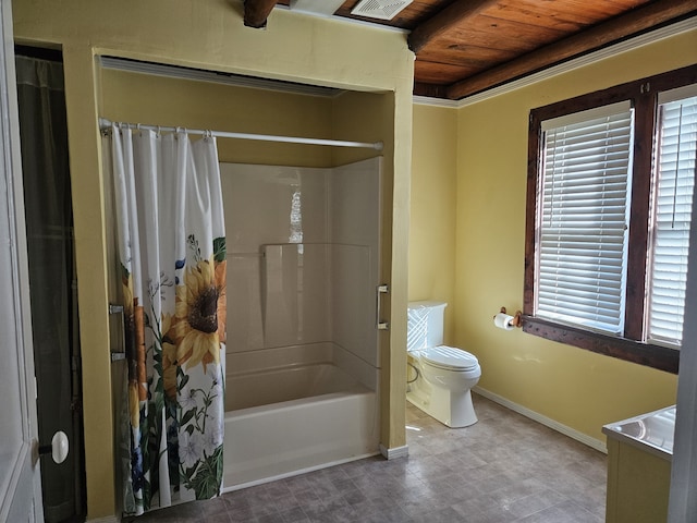 full bathroom featuring vanity, wood ceiling, shower / bath combo with shower curtain, and toilet