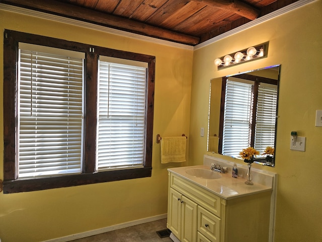 bathroom with wood ceiling and a healthy amount of sunlight