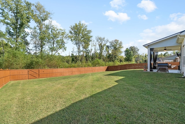 view of yard with a patio and ceiling fan