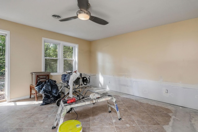 workout room with ceiling fan, visible vents, and a wealth of natural light