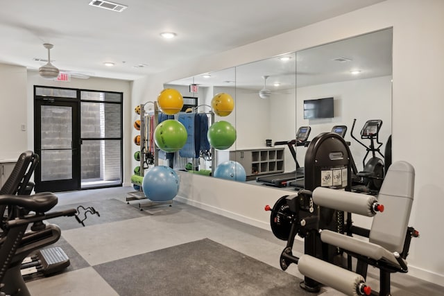 workout room featuring ceiling fan