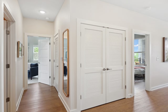 corridor with a healthy amount of sunlight and hardwood / wood-style flooring