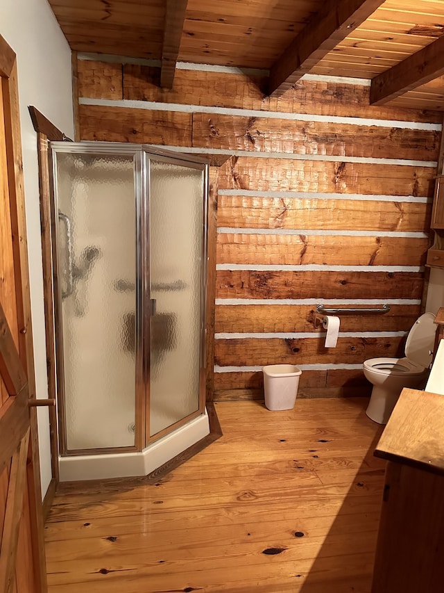 bathroom with vanity, walk in shower, wood-type flooring, wooden ceiling, and toilet