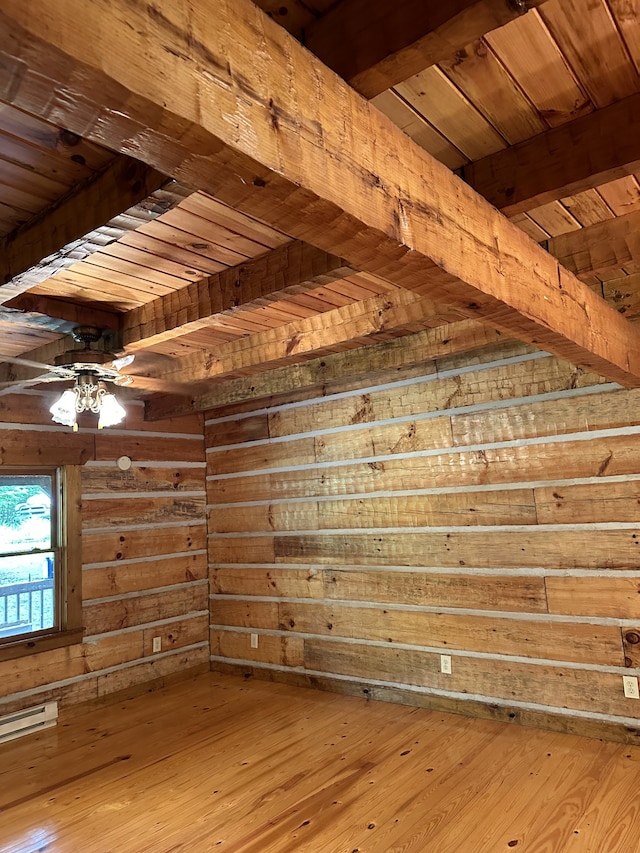 bonus room with wood-type flooring, wood ceiling, ceiling fan, and beamed ceiling