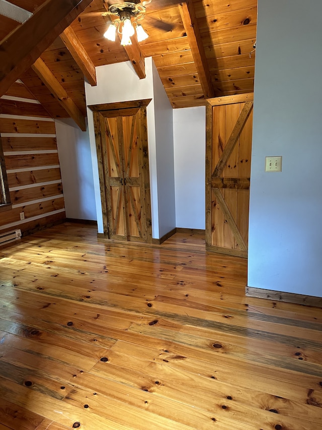 bonus room with wood ceiling, light hardwood / wood-style floors, ceiling fan, and lofted ceiling with beams