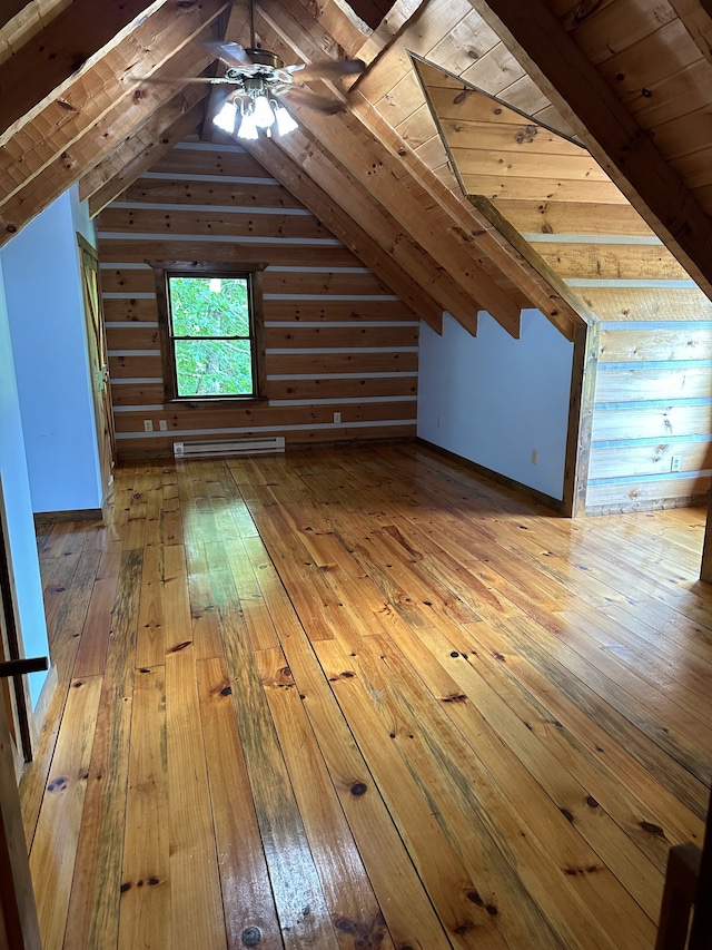 bonus room featuring wood ceiling, vaulted ceiling with beams, light hardwood / wood-style floors, and ceiling fan