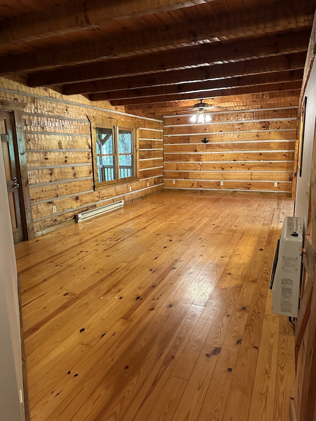 empty room featuring wood ceiling, light hardwood / wood-style floors, ceiling fan, and beamed ceiling