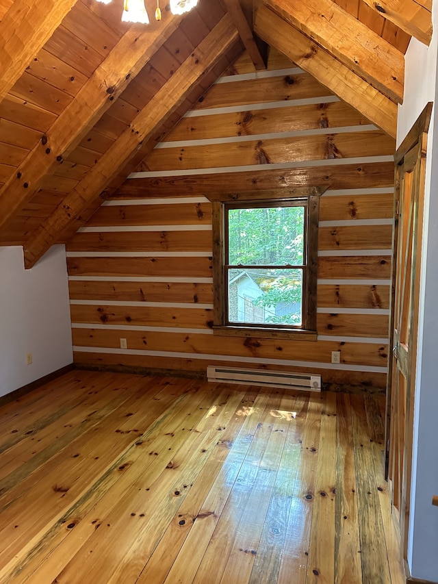 bonus room with wooden ceiling, wood-type flooring, lofted ceiling with beams, and a baseboard heating unit