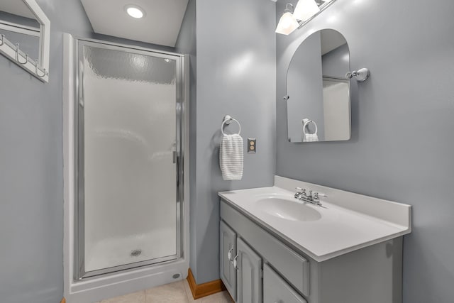 bathroom featuring tile patterned floors, vanity, and walk in shower