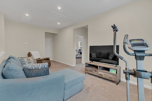 living room featuring light carpet