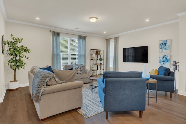 living room featuring wood-type flooring and crown molding