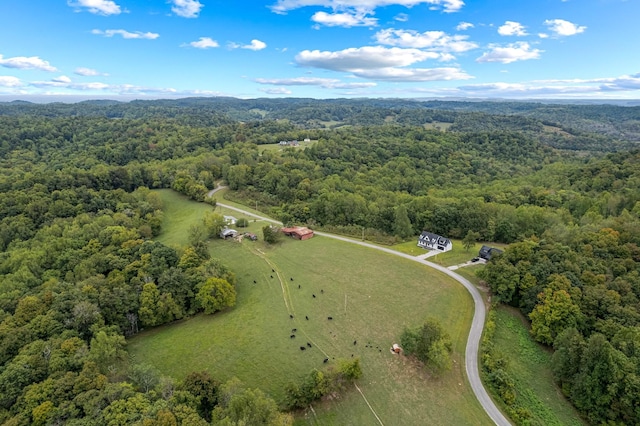 aerial view featuring a wooded view