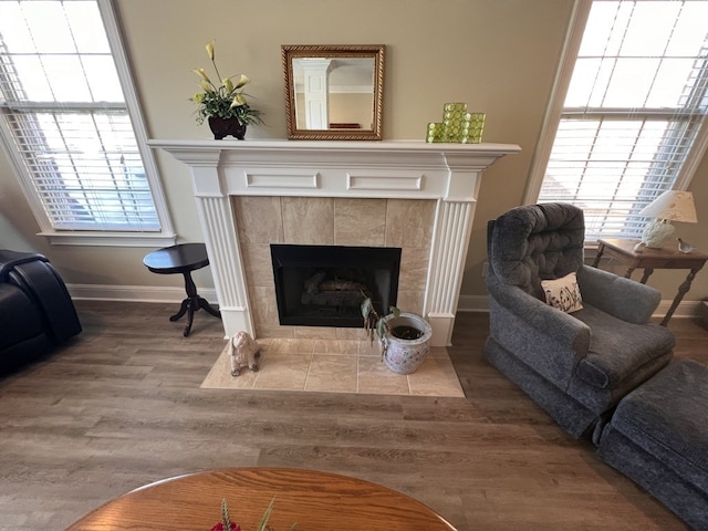 interior space featuring wood-type flooring, a tiled fireplace, and a wealth of natural light