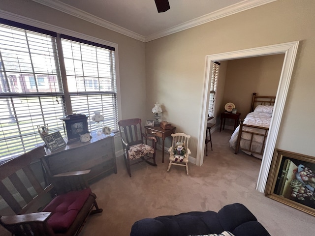 carpeted office featuring ceiling fan and crown molding