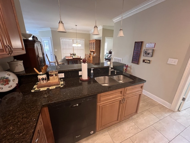 kitchen featuring pendant lighting, black dishwasher, sink, crown molding, and dark stone countertops