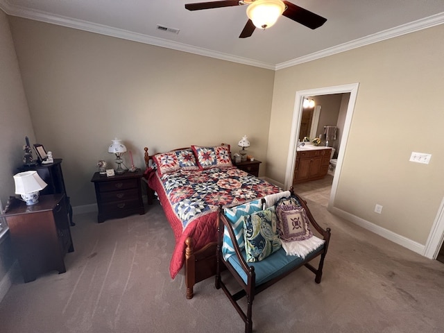 bedroom featuring ceiling fan, light colored carpet, and ornamental molding