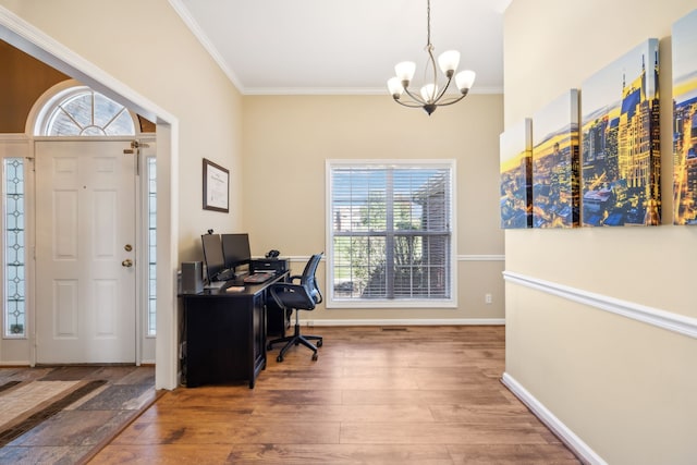 home office with ornamental molding, a chandelier, dark hardwood / wood-style flooring, and a wealth of natural light