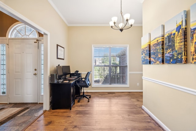 home office featuring crown molding, a chandelier, and dark hardwood / wood-style flooring