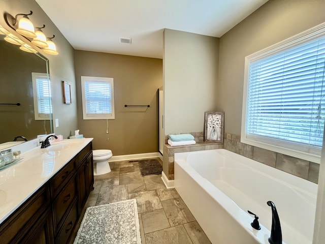 bathroom with vanity, a bath, and toilet