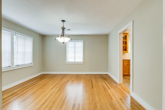 spare room featuring a textured ceiling, light wood-type flooring, and plenty of natural light