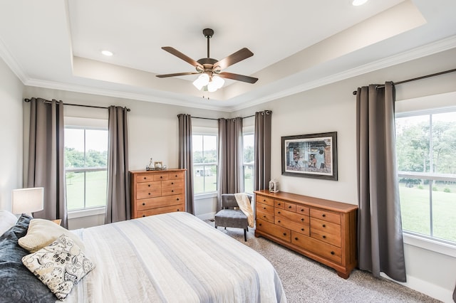 carpeted bedroom featuring ceiling fan, a raised ceiling, and multiple windows