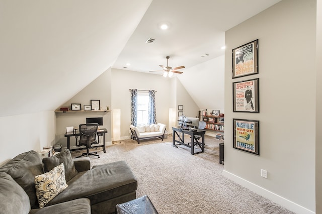 living room with vaulted ceiling, ceiling fan, and light colored carpet