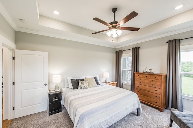 bedroom with ceiling fan, a tray ceiling, and multiple windows