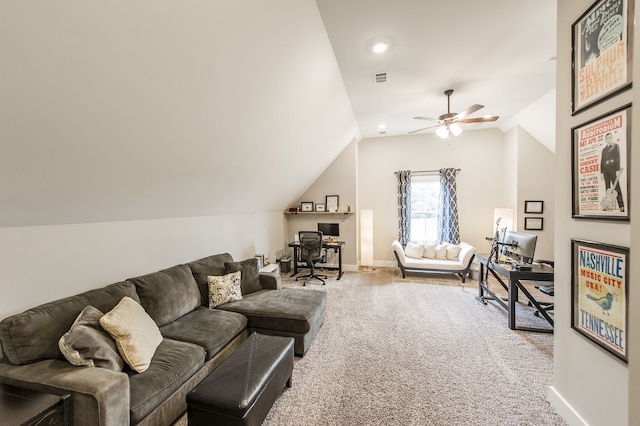 carpeted living room with lofted ceiling and ceiling fan