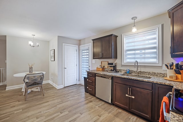 kitchen with hanging light fixtures, light hardwood / wood-style floors, stainless steel appliances, dark brown cabinets, and sink