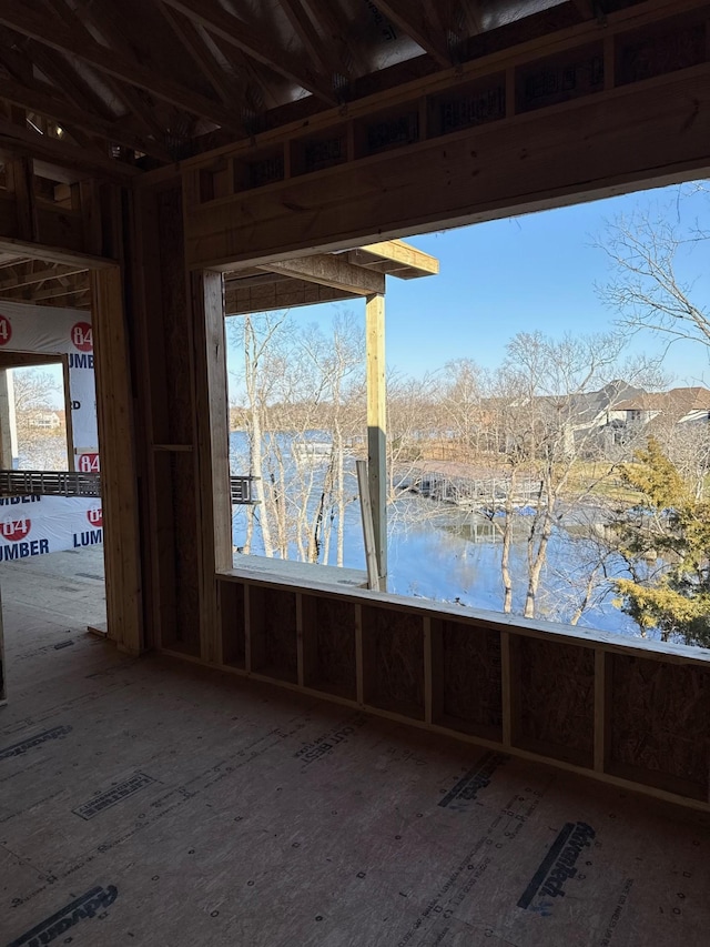 interior space featuring a water view