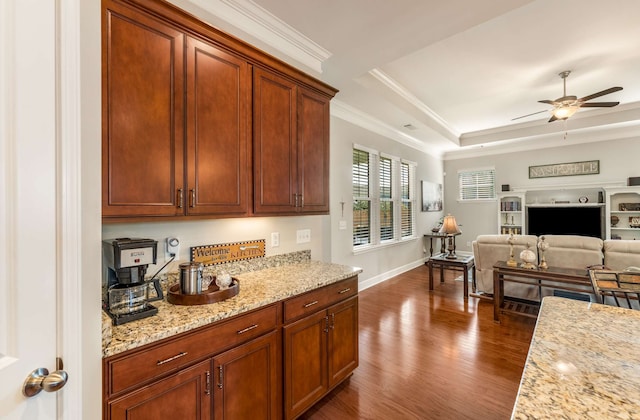 kitchen with light stone countertops, a tray ceiling, dark wood-type flooring, and ceiling fan