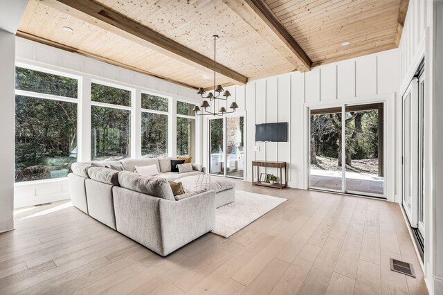 unfurnished living room featuring a healthy amount of sunlight, beam ceiling, light hardwood / wood-style floors, and wooden ceiling