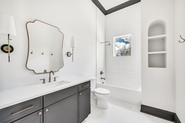 full bathroom with tiled shower / bath combo, vanity, and toilet