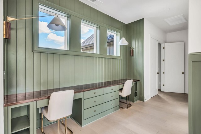 office with built in desk and light hardwood / wood-style flooring