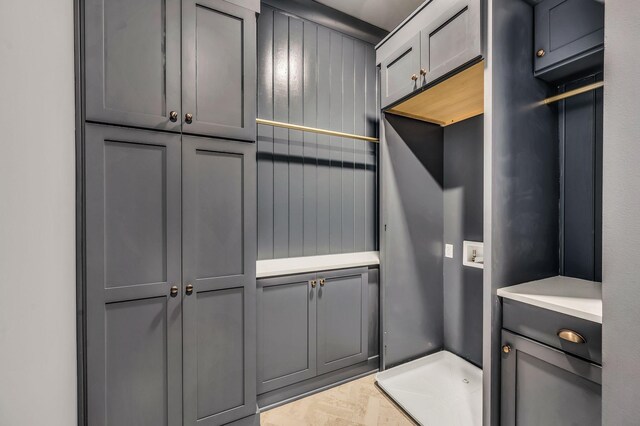 interior space with gray cabinets