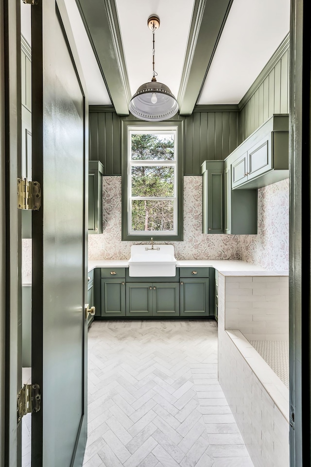 bathroom with ornamental molding, decorative backsplash, and vanity