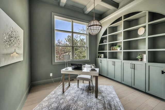 office space with light hardwood / wood-style flooring, beamed ceiling, and coffered ceiling