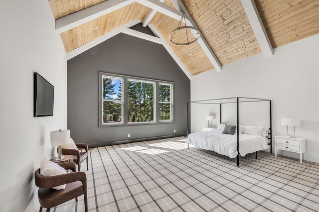 bedroom featuring high vaulted ceiling, beamed ceiling, and wooden ceiling