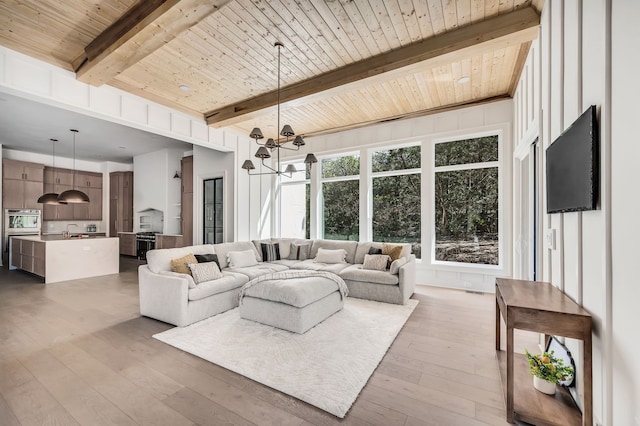 living room with wood ceiling, wood-type flooring, beam ceiling, and an inviting chandelier