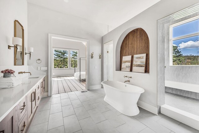 bathroom with vanity, tile patterned flooring, a washtub, and a wealth of natural light