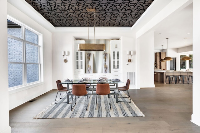 dining room featuring a raised ceiling and dark hardwood / wood-style floors