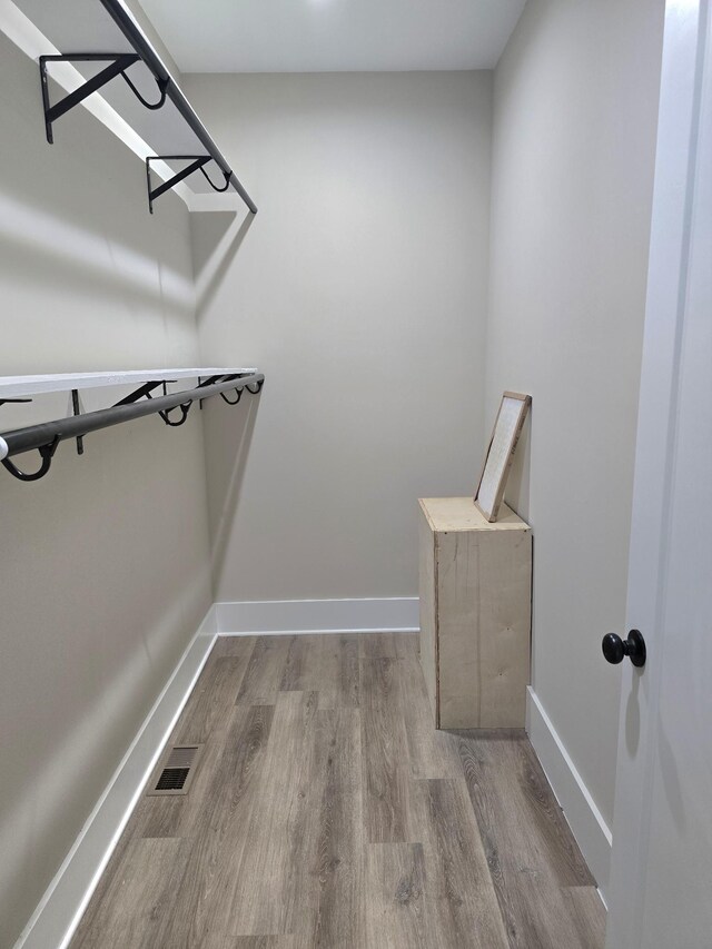 walk in closet with light hardwood / wood-style floors