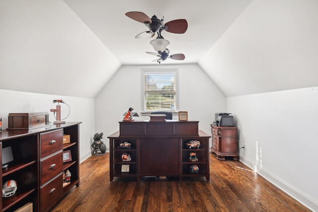 office space featuring ceiling fan, lofted ceiling, and dark wood-type flooring