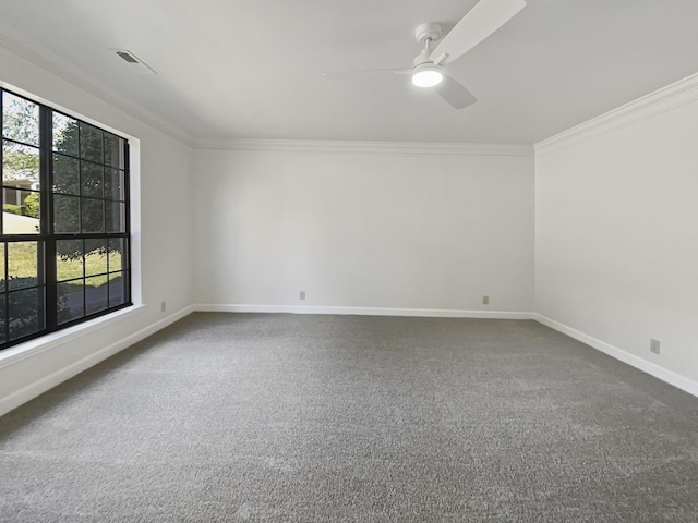 1515 Brentwood Pointe, Franklin, TN 37067 - empty room featuring crown molding, baseboards, dark carpet, visible vents, and ceiling fan