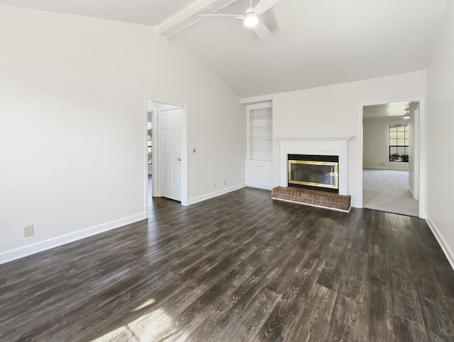 1515 Brentwood Pointe, Franklin, TN 37067 - unfurnished living room with a brick fireplace, vaulted ceiling with beams, baseboards, and a ceiling fan