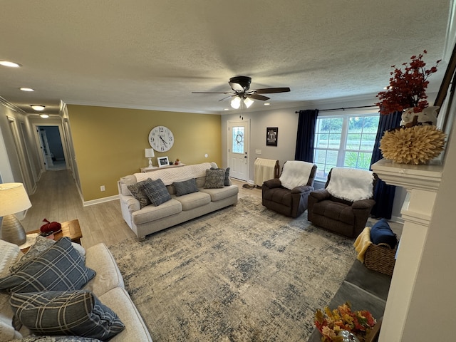 living room featuring a textured ceiling, wood-type flooring, ornamental molding, and ceiling fan