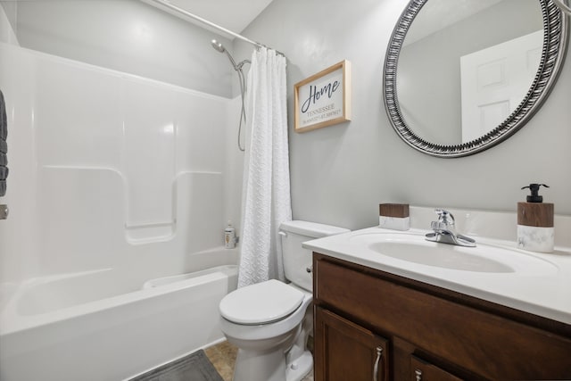 full bathroom featuring tile patterned flooring, shower / bathtub combination with curtain, toilet, and vanity